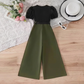 Girls Elegant Two-Tone Puff Sleeve Jumpsuit with Bow Waist Belt – Black & Olive Green