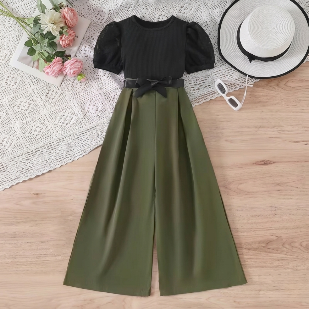 Girls Elegant Two-Tone Puff Sleeve Jumpsuit with Bow Waist Belt – Black & Olive Green