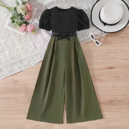 Girls Elegant Two-Tone Puff Sleeve Jumpsuit with Bow Waist Belt – Black & Olive Green