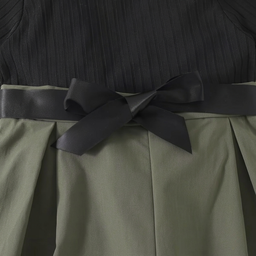 Girls Elegant Two-Tone Puff Sleeve Jumpsuit with Bow Waist Belt – Black & Olive Green