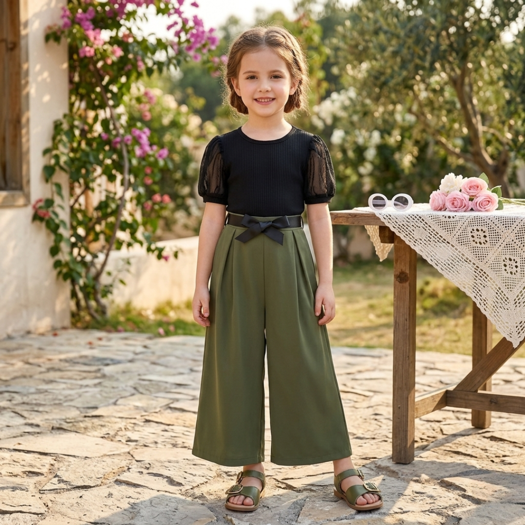 Girls Elegant Two-Tone Puff Sleeve Jumpsuit with Bow Waist Belt – Black & Olive Green