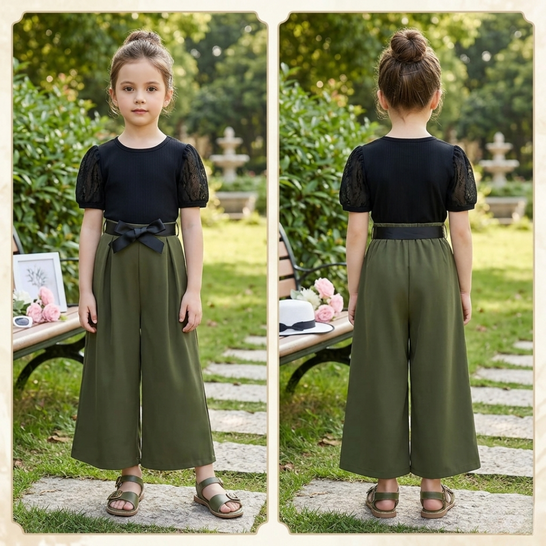 Girls Elegant Two-Tone Puff Sleeve Jumpsuit with Bow Waist Belt – Black & Olive Green