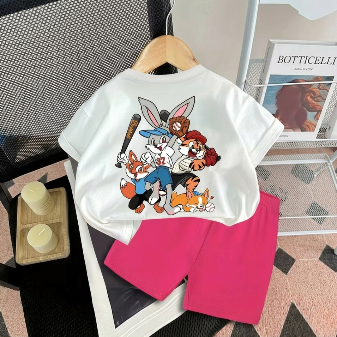 Ensemble d'été T-shirt à motif dessin animé équipe de baseball pour enfants et short coloré (Tenue 2 pièces)