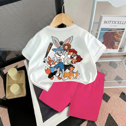Ensemble d'été T-shirt à motif dessin animé équipe de baseball pour enfants et short coloré (Tenue 2 pièces)