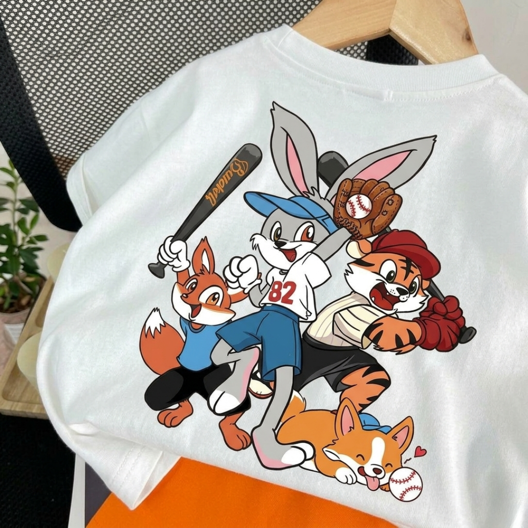 Ensemble d'été T-shirt à motif dessin animé équipe de baseball pour enfants et short coloré (Tenue 2 pièces)