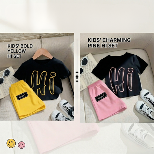 Ensemble d'été tendance pour enfants – T-shirt graphique « Hi » et short