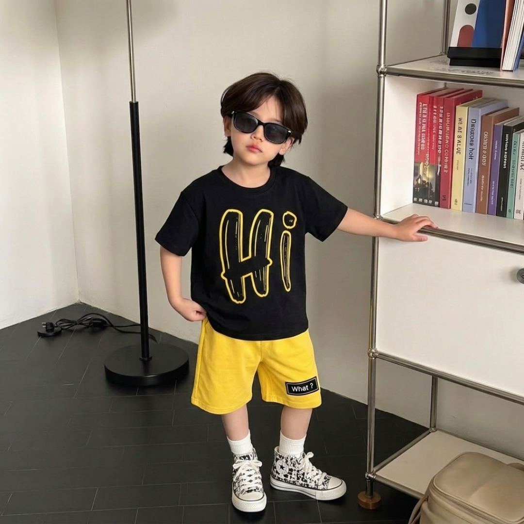 Ensemble d'été tendance pour enfants – T-shirt graphique « Hi » et short