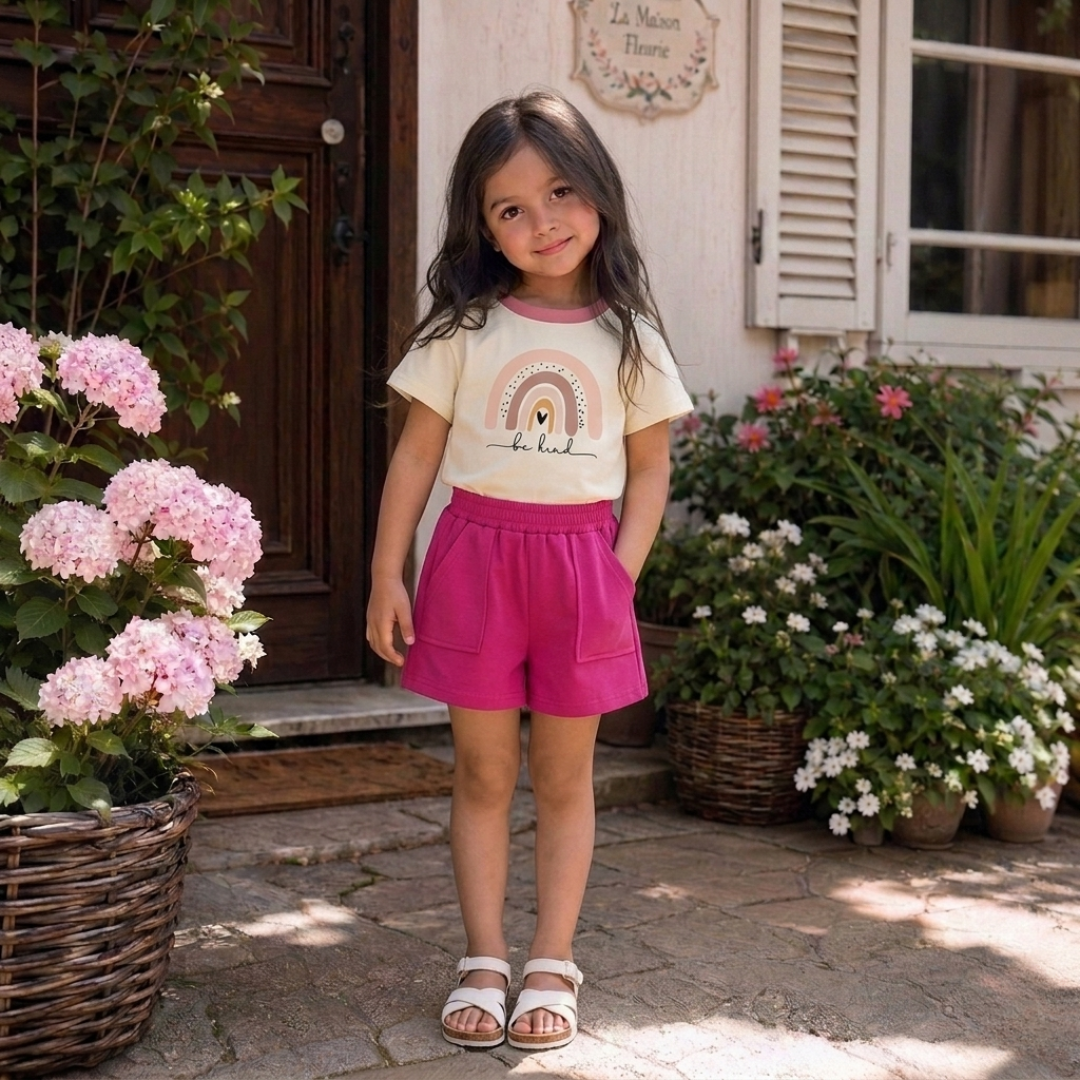 Ensemble short et t-shirt « Be Kind » arc-en-ciel unisexe – Tenue t-shirt et short assortis pour enfants