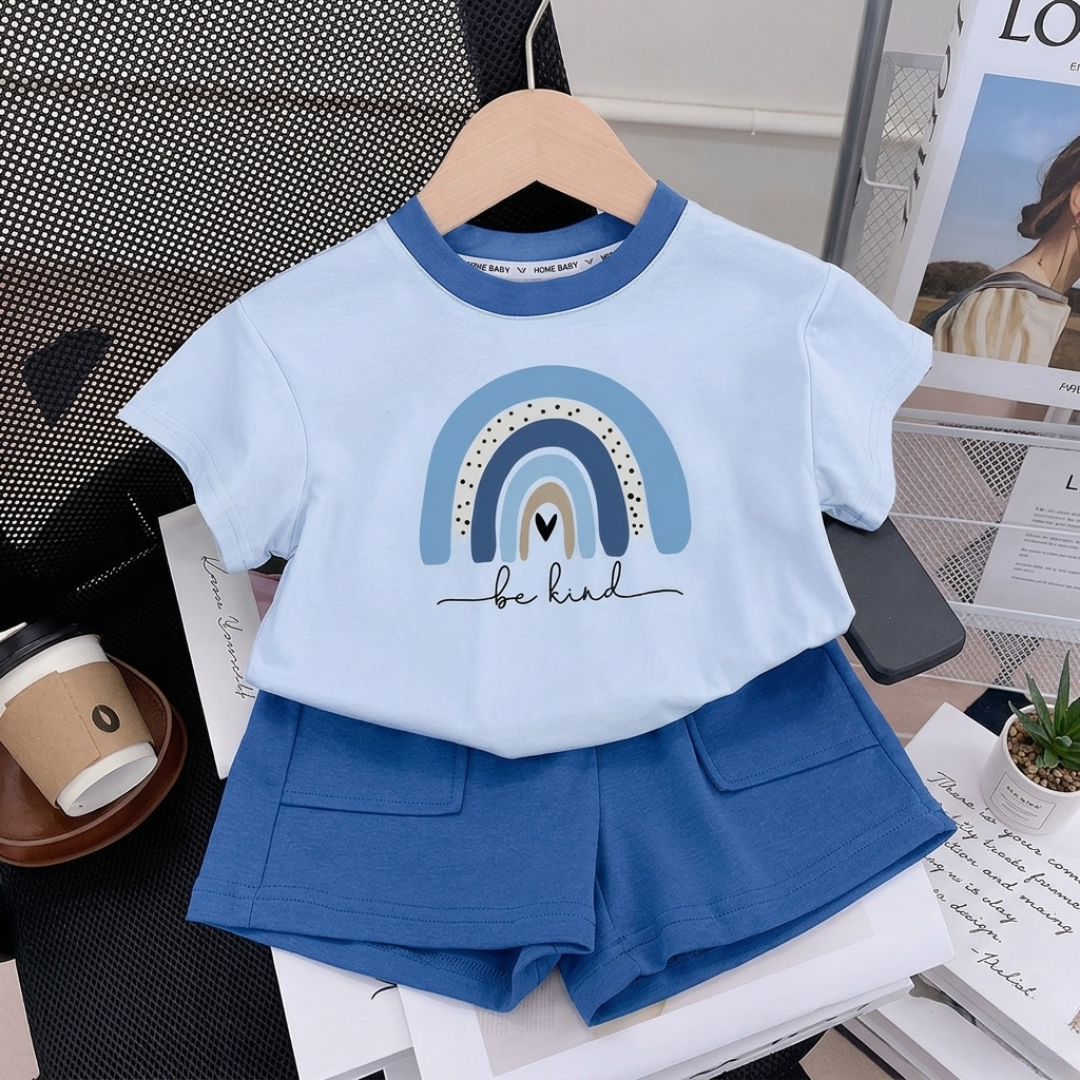 Ensemble short et t-shirt « Be Kind » arc-en-ciel unisexe – Tenue t-shirt et short assortis pour enfants