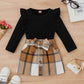 trendy 2Pcs Autumn Ensemble – Stylish Long Sleeve Tops and Playful Plaid Skirts - IRRAKIDS