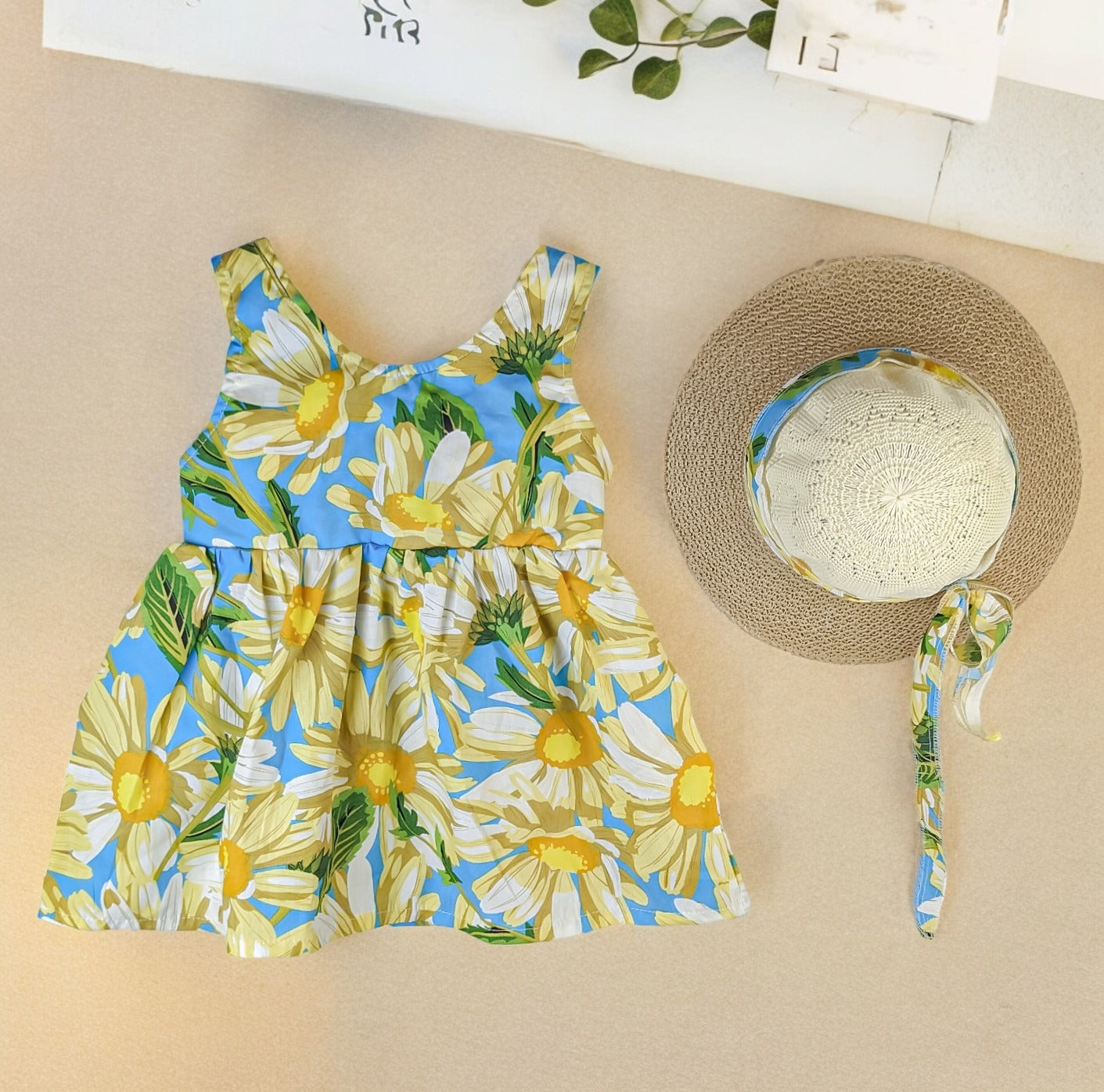 Charmant ensemble robe à fleurs et chapeau – Bowknot sans manches été/printemps