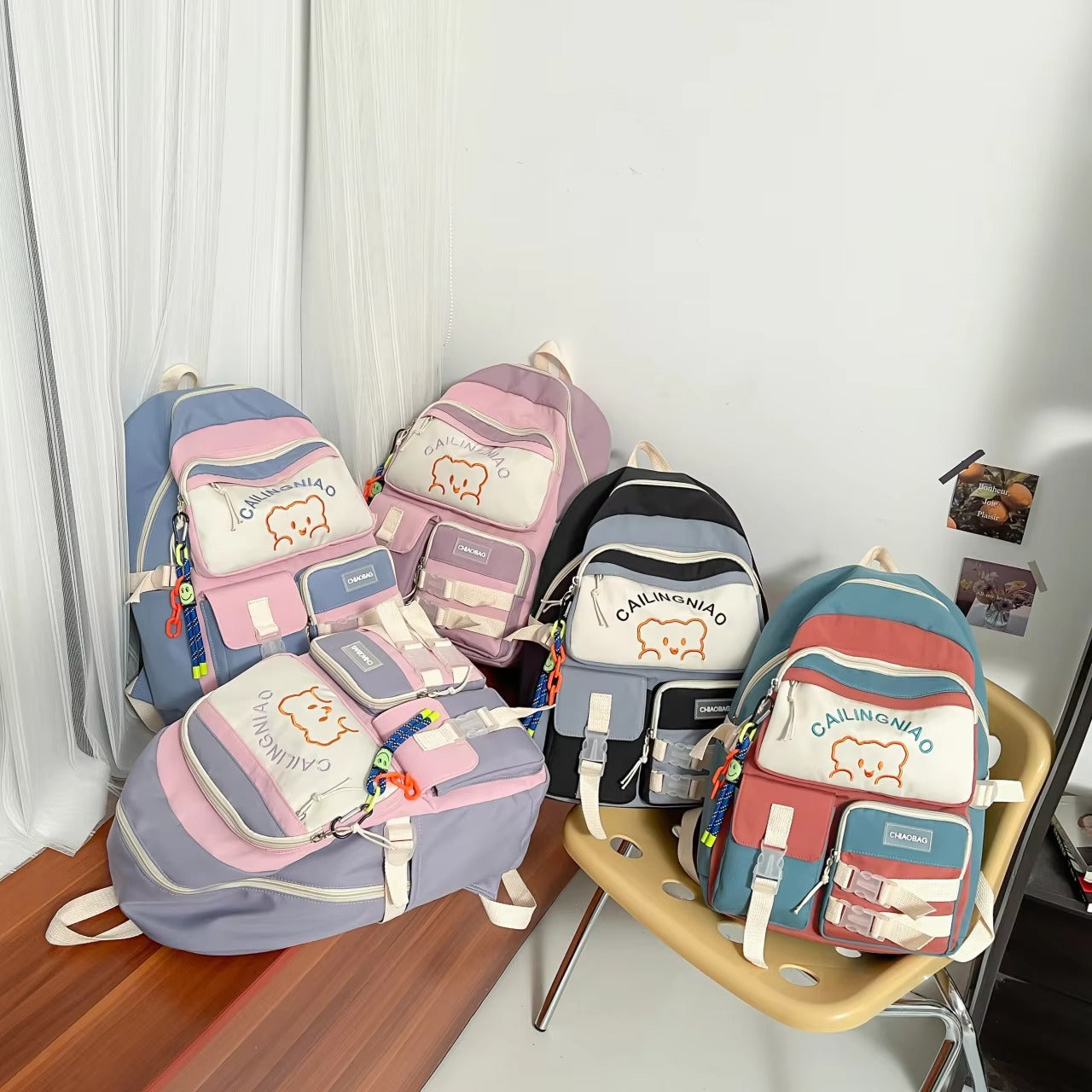 Sacs à dos multi-poches de style coréen pour filles et garçons, sacs d'école imperméables avec ours brodé