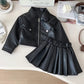 2025 winter - Korean Style Girls' Fragrant Leather Jacket & Pleated Skirt Set – Perfectly Chic for Your Little Miss!"