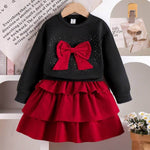2 Pieces Young Girl Spring and Autumn 2025 New Style Children Bow Sweatshirt and Cake Skirt Two-Piece Set - IRRAKIDS