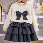 2 Pieces Young Girl Spring and Autumn 2025 New Style Children Bow Sweatshirt and Cake Skirt Two-Piece Set - IRRAKIDS