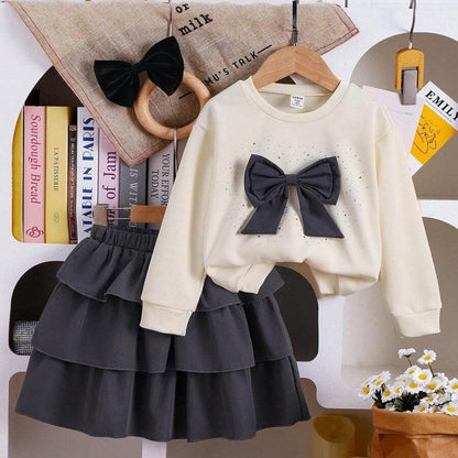 2 Pieces Young Girl Spring and Autumn 2025 New Style Children Bow Sweatshirt and Cake Skirt Two-Piece Set - IRRAKIDS