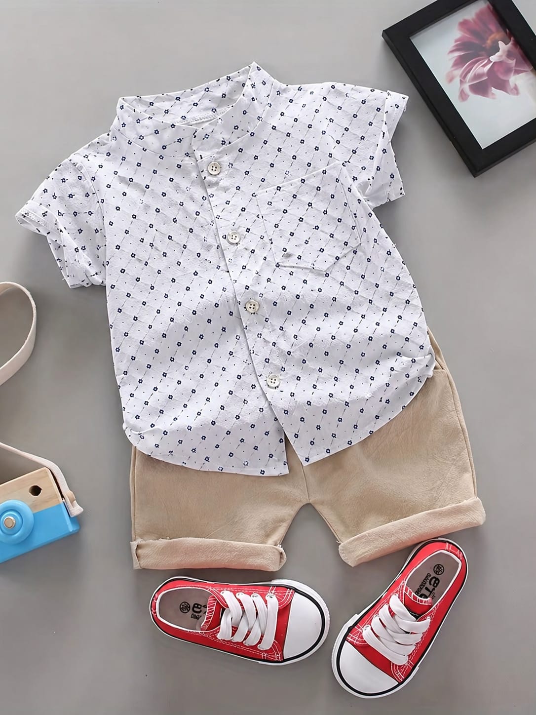 Ensemble de vêtements d'été pour  garçon – Chemise boutonnée à manches courtes avec motif floral et short, 2 pièces, tenues décontractées pour enfants, survêtement en coton