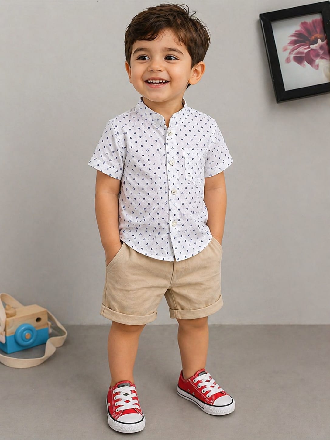 Ensemble de vêtements d'été pour  garçon – Chemise boutonnée à manches courtes avec motif floral et short, 2 pièces, tenues décontractées pour enfants, survêtement en coton