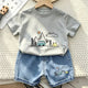 Boys Summer Adventure Graphic T-Shirt & Denim Shorts Set – Camping Print Casual Outfit