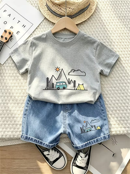 Ensemble tenue d'été pour enfants Chemise à rayures en coton et short Vêtements doux et respirants pour garçons 