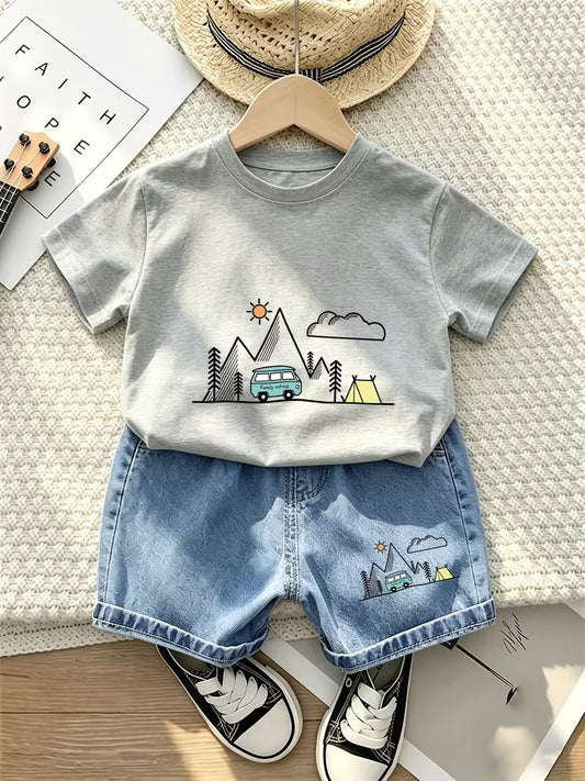 Ensemble tenue d'été pour enfants Chemise à rayures en coton et short Vêtements doux et respirants pour garçons 
