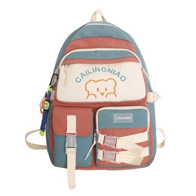 Sacs à dos multi-poches de style coréen pour filles et garçons, sacs d'école imperméables avec ours brodé