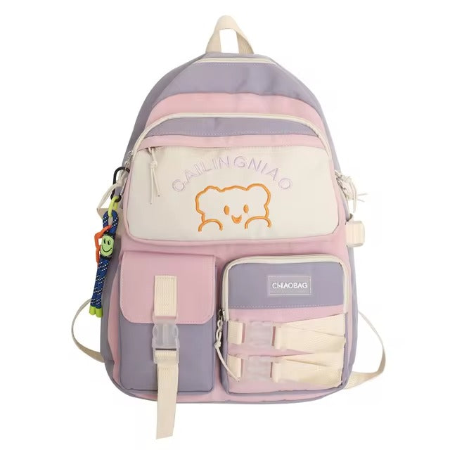 Sacs à dos multi-poches de style coréen pour filles et garçons, sacs d'école imperméables avec ours brodé