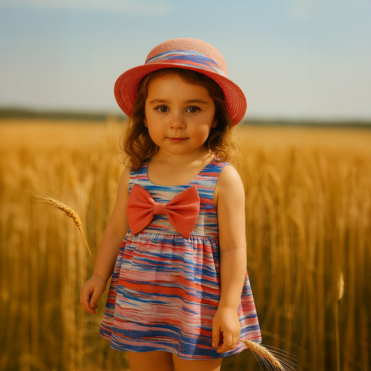 Girls' colorful summer dress with a stylish hat and a large bow tie
