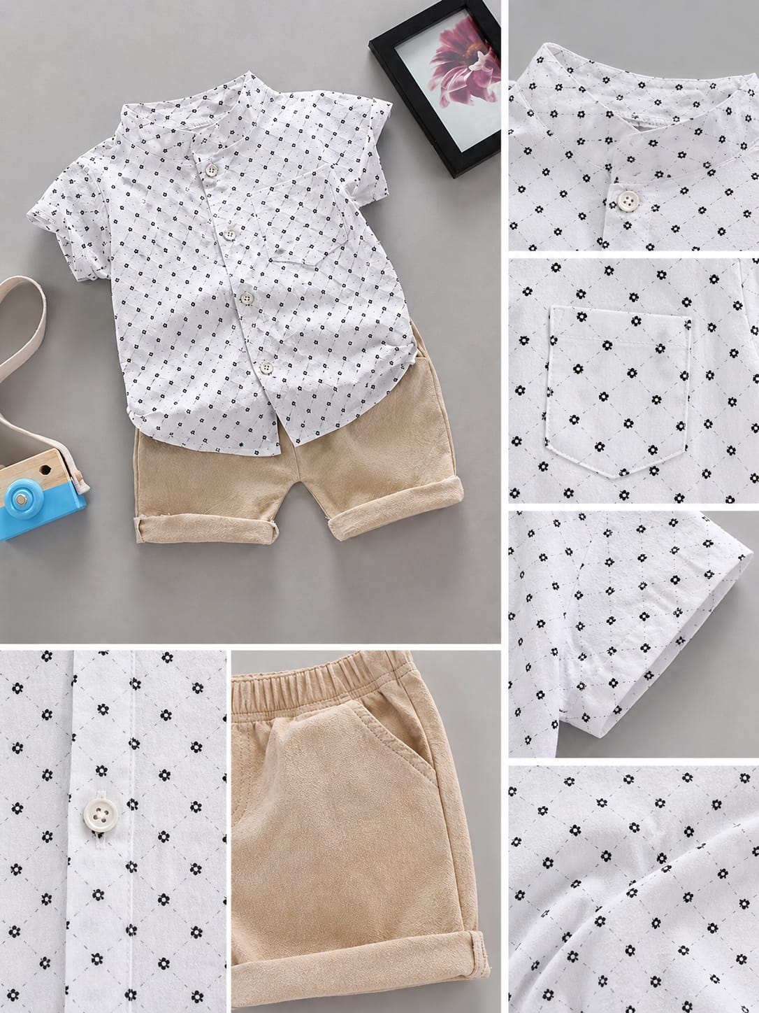 Ensemble de vêtements d'été pour  garçon – Chemise boutonnée à manches courtes avec motif floral et short, 2 pièces, tenues décontractées pour enfants, survêtement en coton