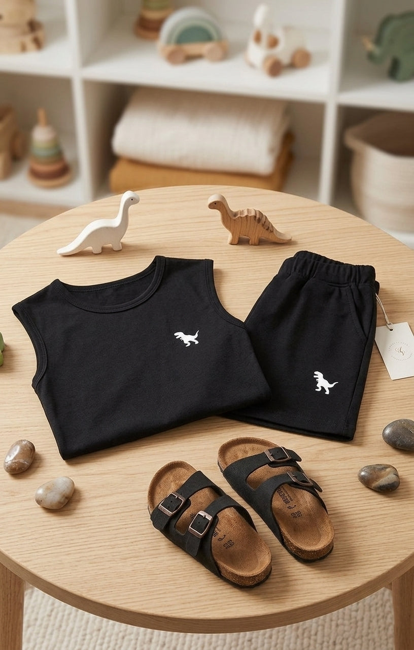Cute Print Summer Tank Top and Shorts Set with Crew Neck for Kids