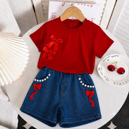 Girls Red Bow T-Shirt & Denim Shorts 2-Piece Summer Outfit Set