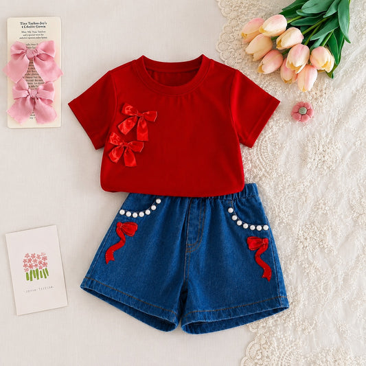 Girls Red Bow T-Shirt & Denim Shorts 2-Piece Summer Outfit Set