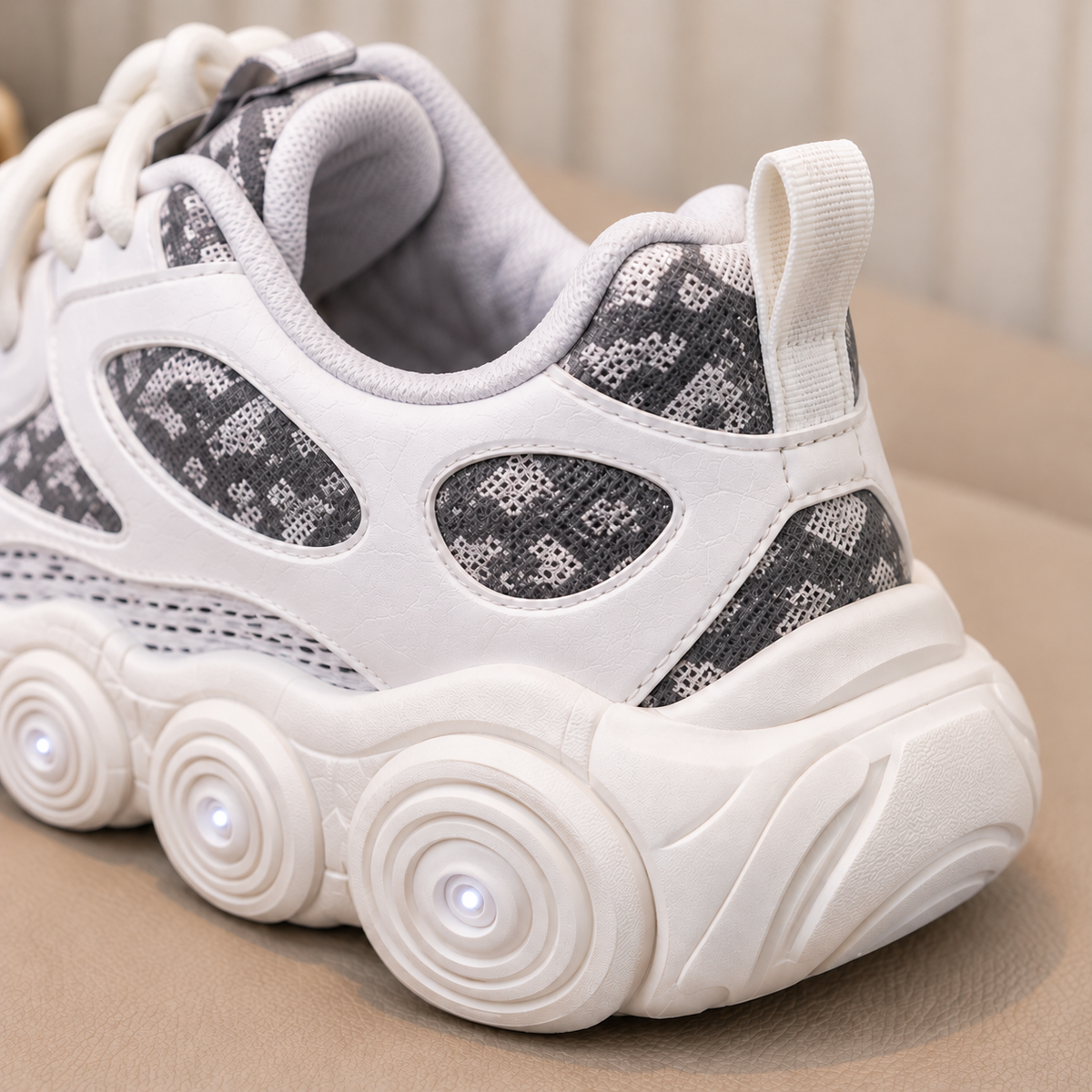 Kids’ Trendy Chunky Sneakers with Patterned Panels, Adjustable Lace-Up Fastening and Bold Circular Sole Details – Stylish Everyday Shoes for Boys and Girls