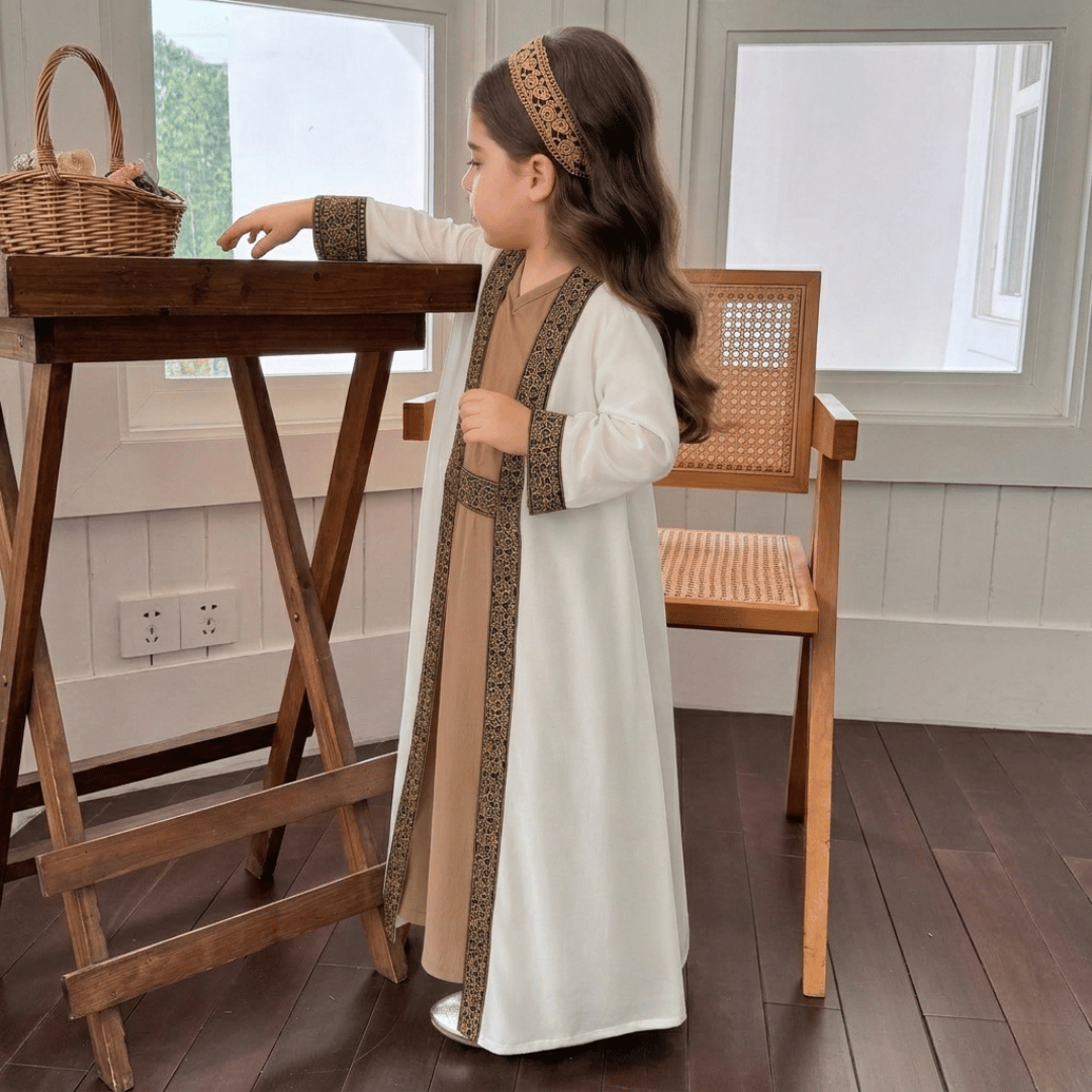 Classic Embroidered Girls Traditional Dress with Belt Detail – Ivory & Beige