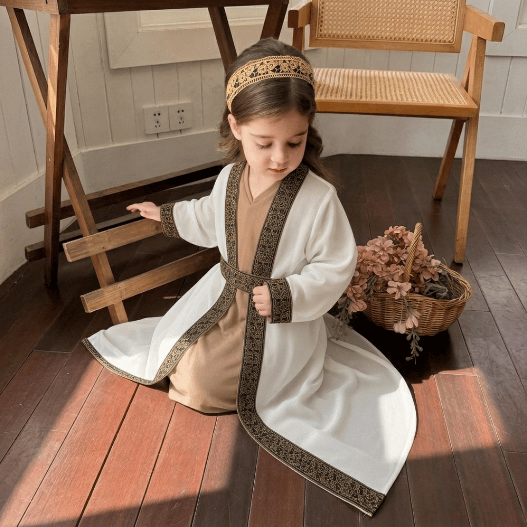 Classic Embroidered Girls Traditional Dress with Belt Detail – Ivory & Beige