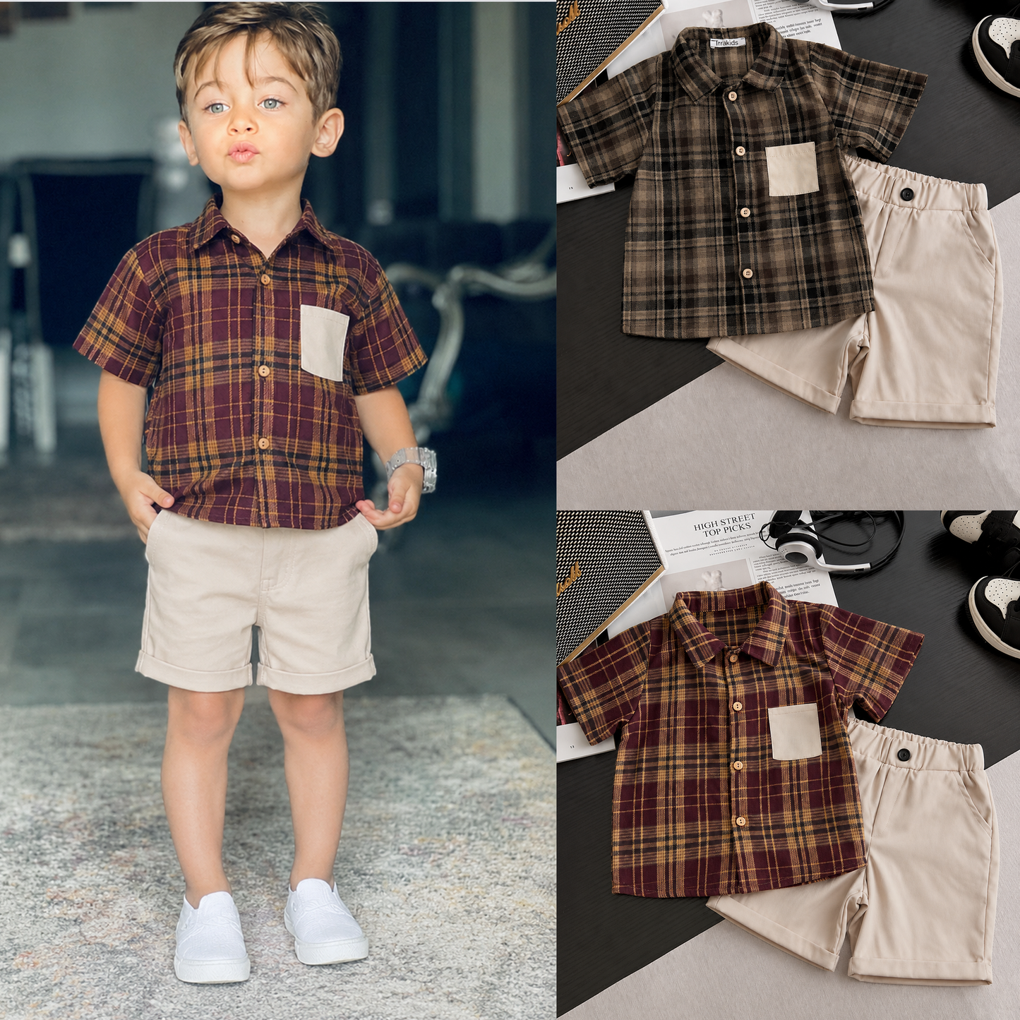 Boys 2-Piece Summer Outfit – Plaid Shirt & Beige Shorts Set