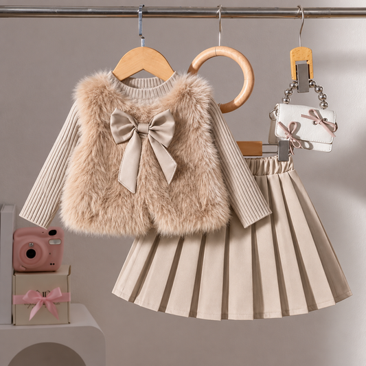 Ensemble 3 pièces « Manteau et jupe élégants en fausse fourrure avec détails de nœud »