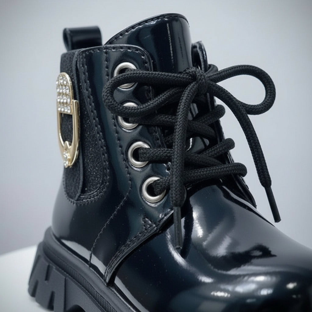 Girls' glossy lace-up ankle boots with chunky lug sole — Product image: 