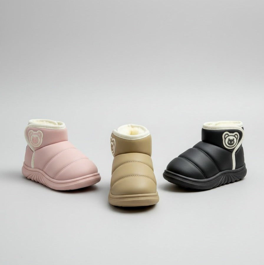 Girls' Plush-Lined Quilted Winter Ankle Boots with Bear Patch — Product image: 