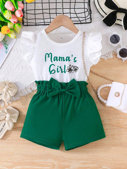 Young Girls Casual Cute Short Sleeve Blouse and Shorts Jumpsuit Set with Mother's Day Print and Floral Trim for Spring Summer, 2 Pieces - IRRAKIDS