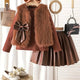3pcs ' Elegant Winter Fur-like Coat & Skirt Set with Bow Detailing