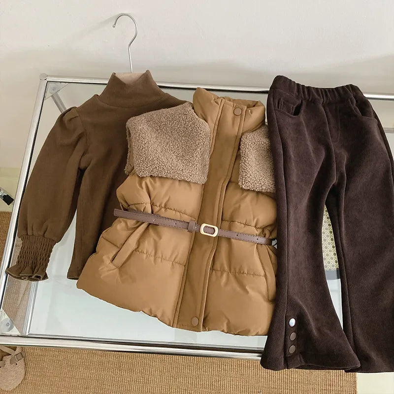 Tenue d'hiver élégante pour enfants : doudoune avec ceinture et pantalon en velours côtelé