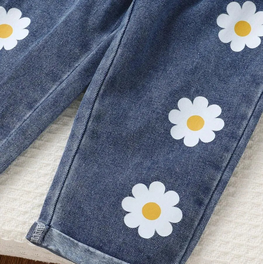 Ensemble Sunny Daisy pour filles – Haut sans manches et pantalon en jean fleuri