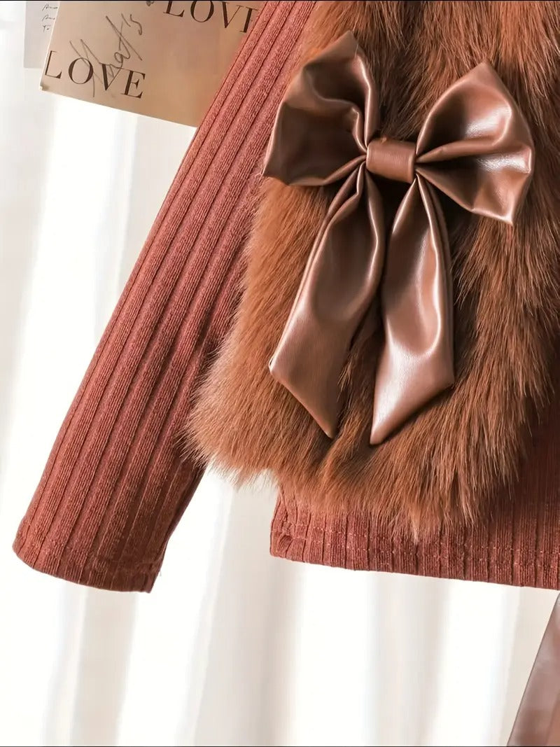 Ensemble 3 pièces « Manteau et jupe élégants en fausse fourrure avec détails de nœud »