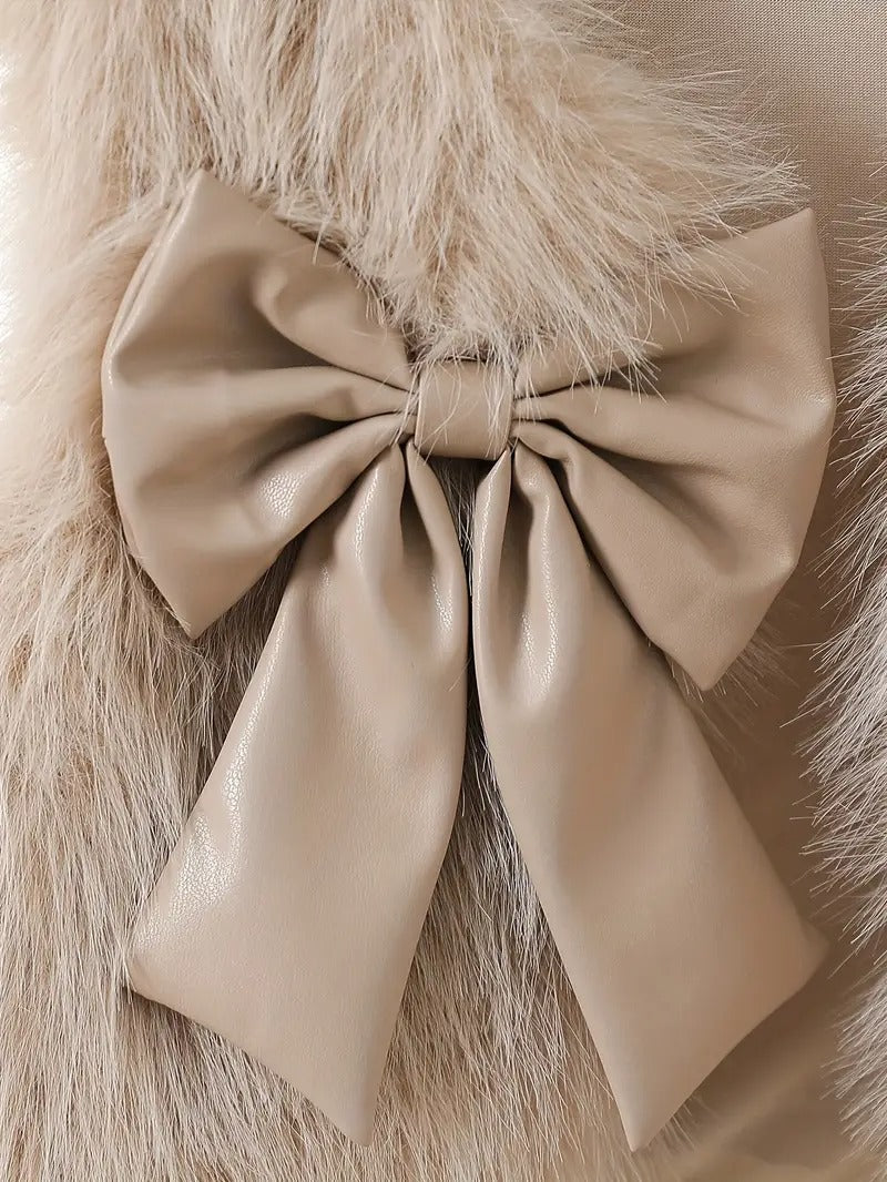 Ensemble 3 pièces « Manteau et jupe élégants en fausse fourrure avec détails de nœud »