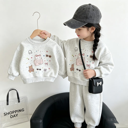 Girls' Cartoon Print Sweatshirt & Trouser Set
