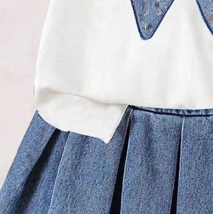 Girls' Bow Print T-Shirt & Pleated Denim Skirt 2-Piece Outfit Set – Stylish Casual Summer Clothing