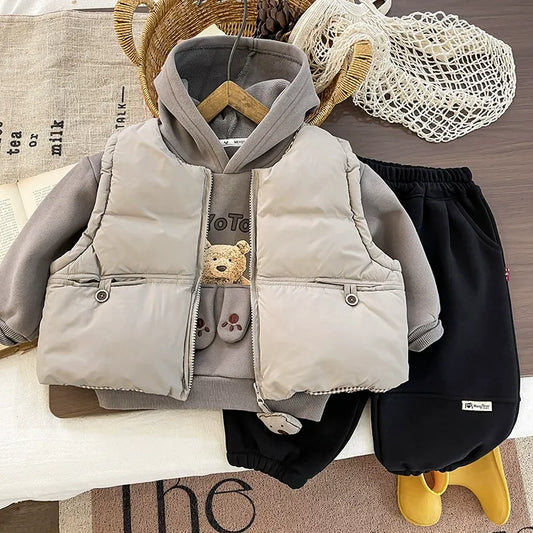 Kids’ Cozy Three-Piece Outfit with Teddy Bear Hooded Sweatshirt, Beige Zip-Up Padded Vest and Black Elastic-Waist Jogger Pants for Everyday Autumn and Winter Style