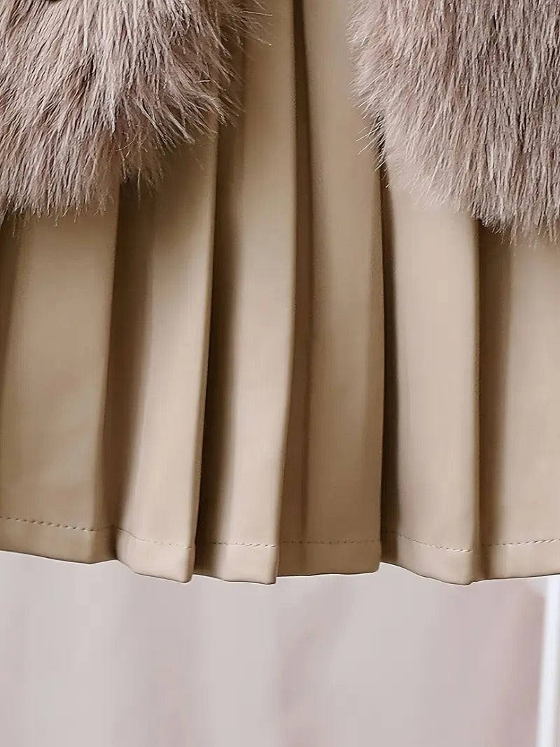 Ensemble 3 pièces « Manteau et jupe élégants en fausse fourrure avec détails de nœud »