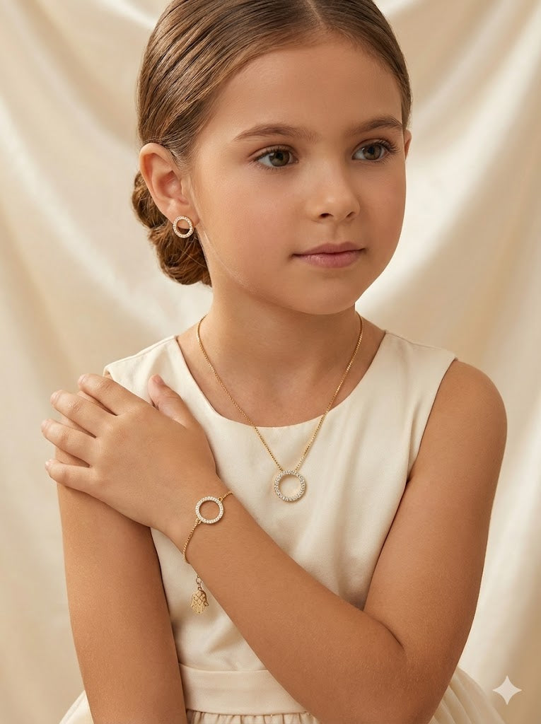 Girls' 3-Piece Gold Anti-Tarnish Jewelry Set - Diamond Circle & Hamsa Hand Motif Necklace, Bracelet, and Earrings